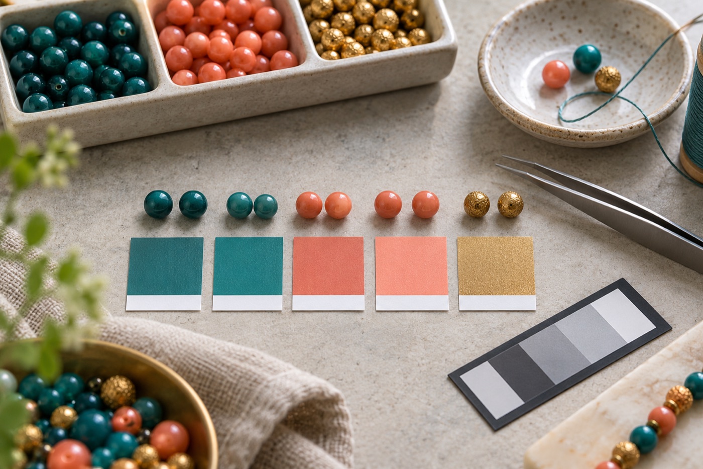Craft beads grouped into close color families
