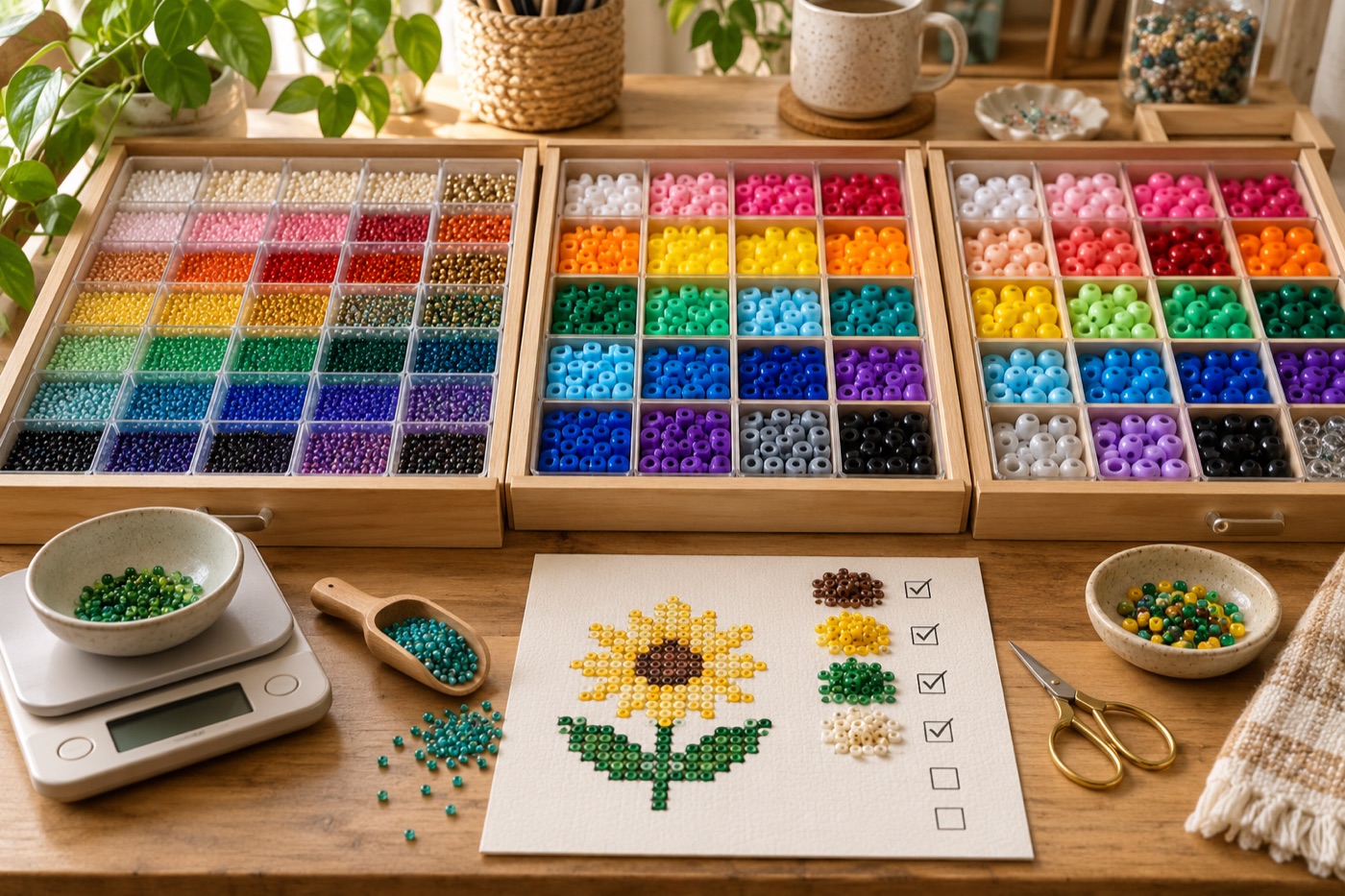 Beads sorted into a wooden organizer