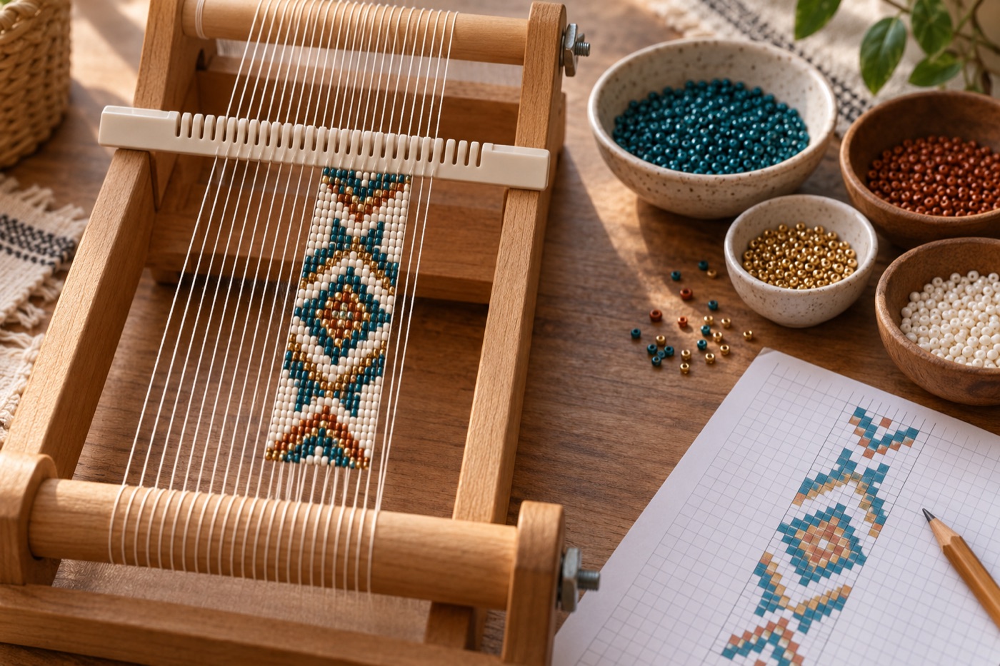 Hands weaving an original geometric seed bead pattern on a wooden loom