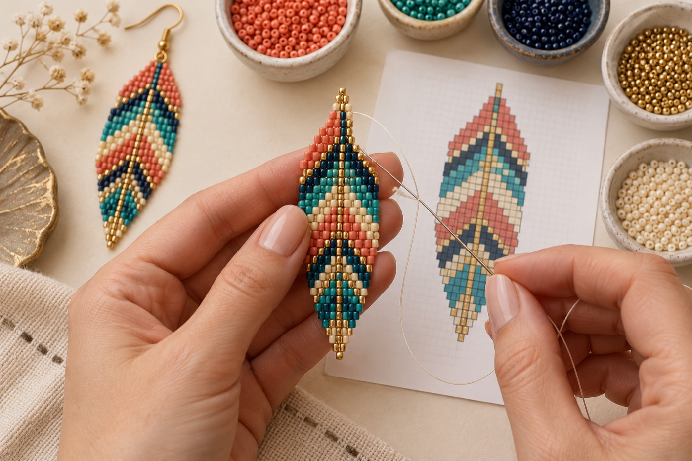 Hands weaving an original geometric seed bead pattern on a wooden loom