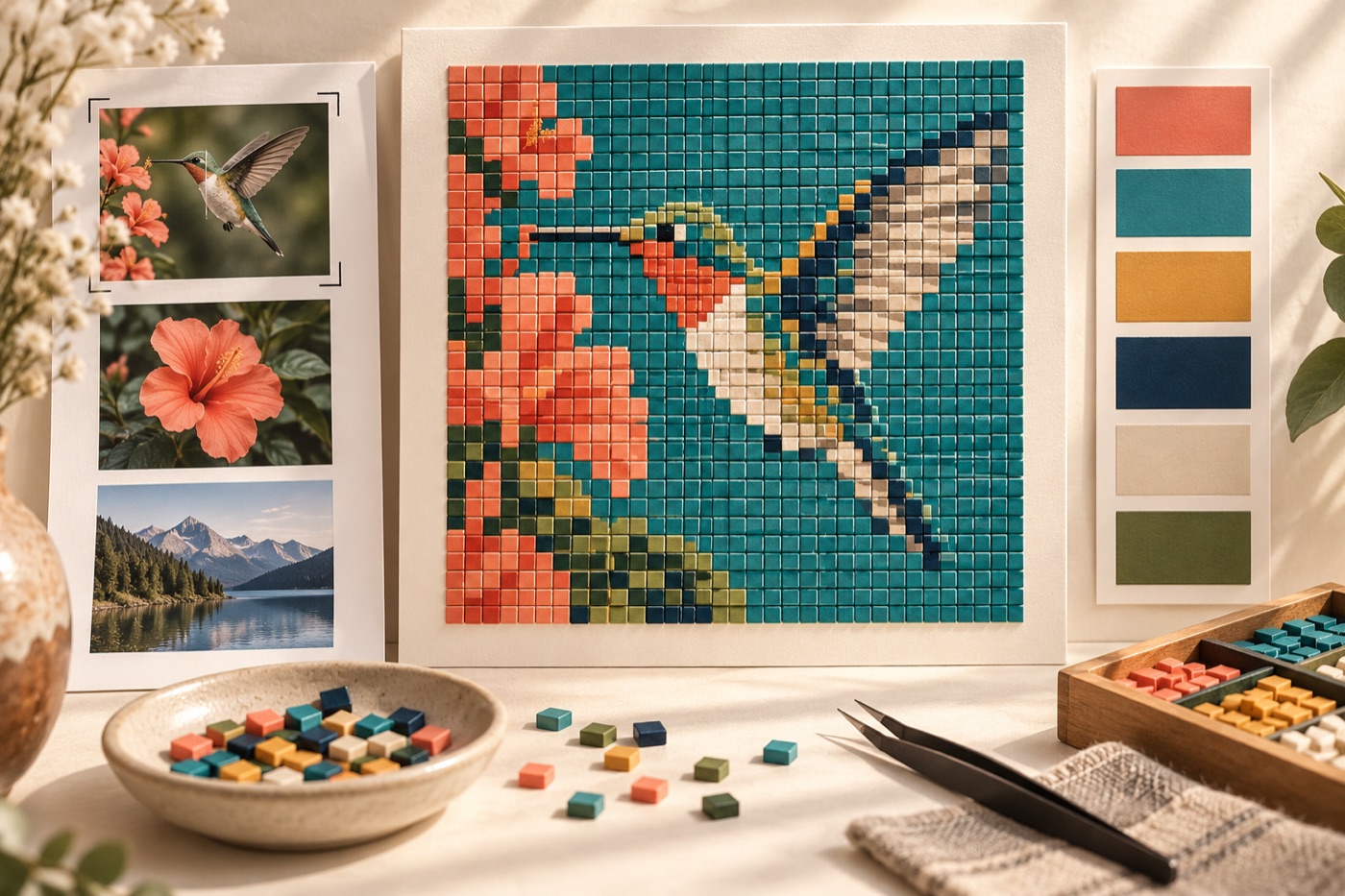 Hands arranging an original square-tile mountain mosaic