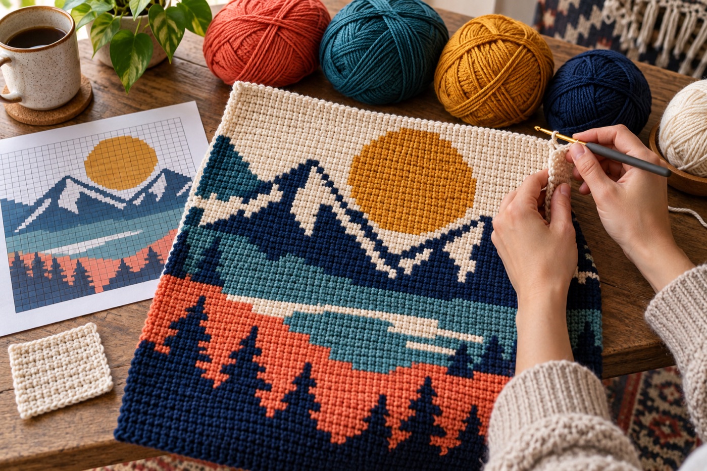 Hands crocheting an original geometric colorwork swatch from a grid