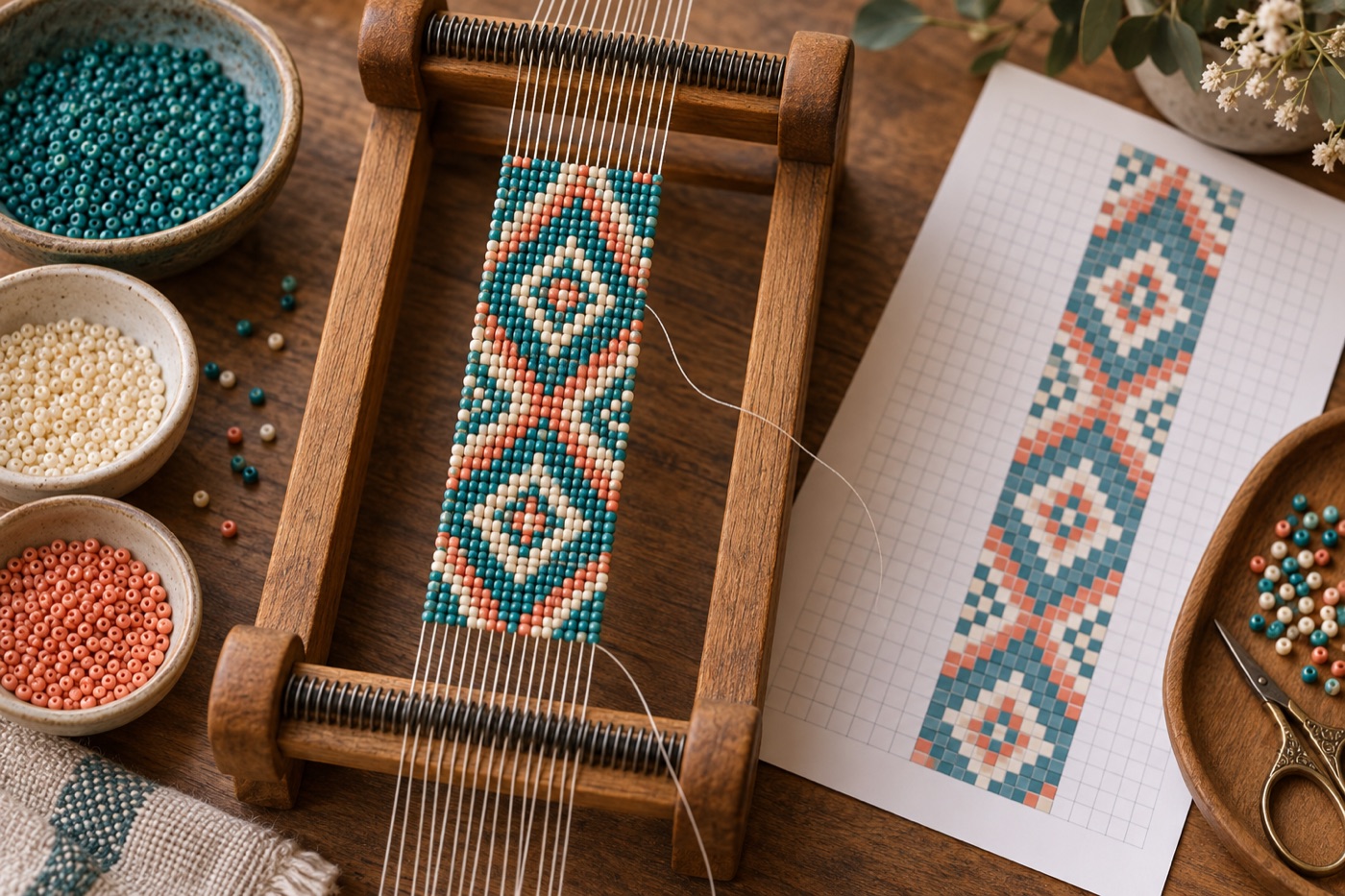 Hands weaving an original geometric seed bead pattern on a wooden loom