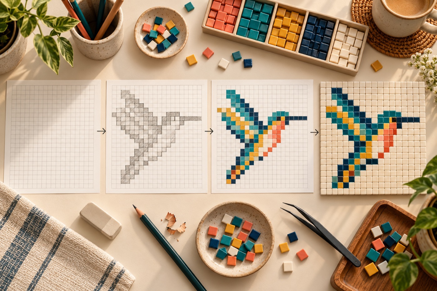 Hands arranging an original square-tile mountain mosaic
