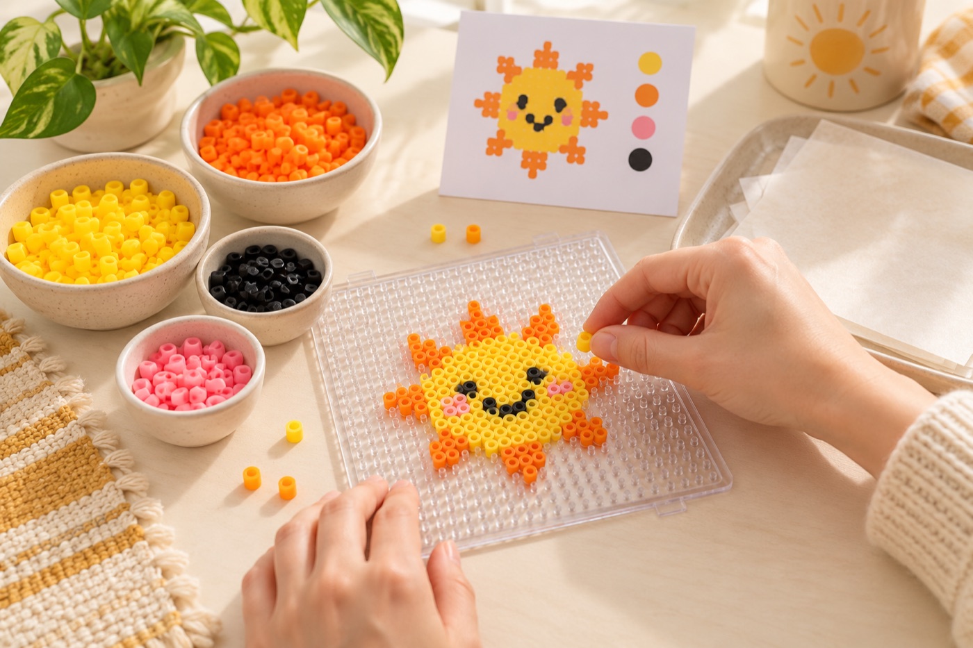 Fuse bead flower pattern on a transparent pegboard