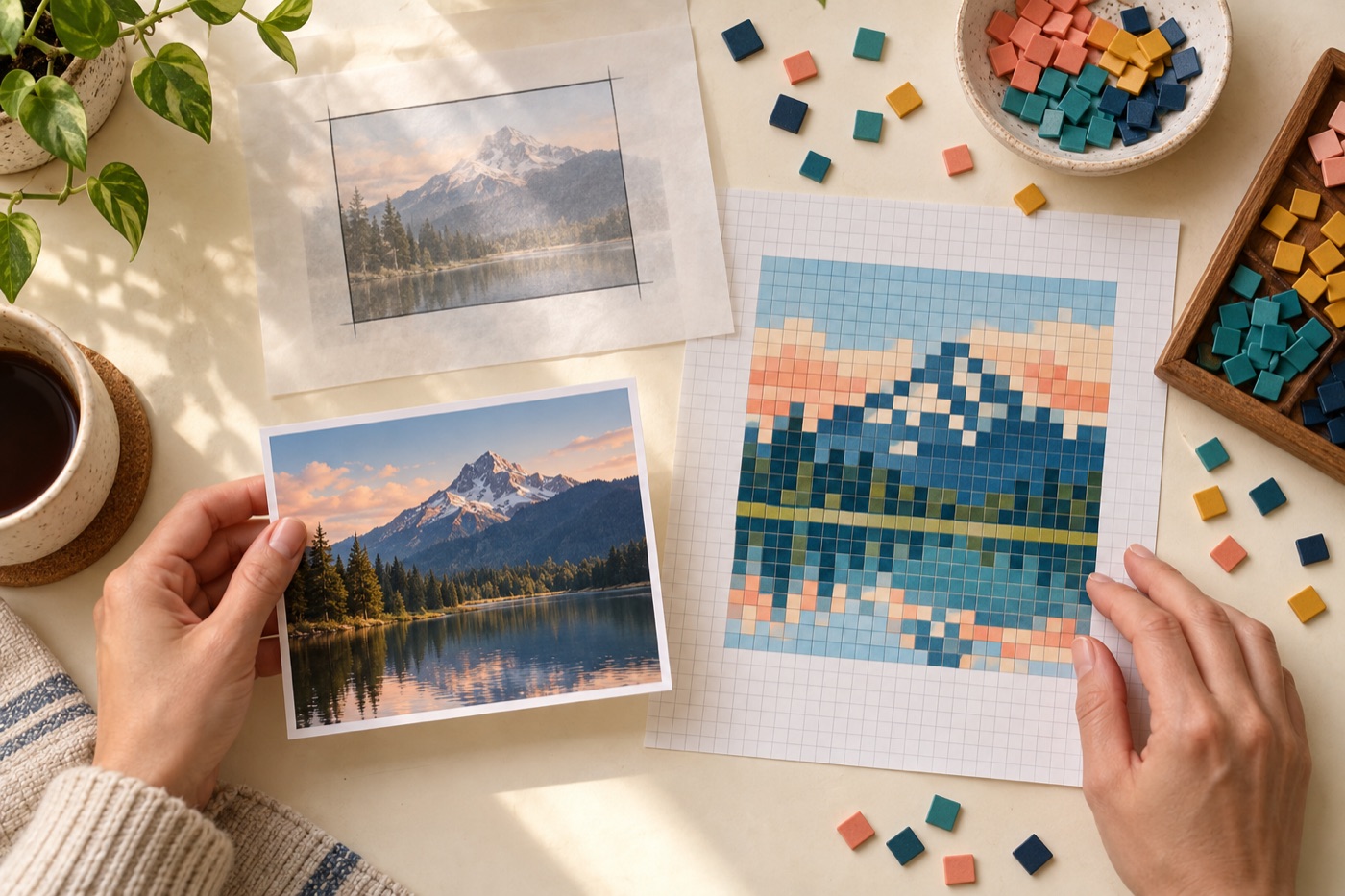 Hands arranging an original square-tile mountain mosaic