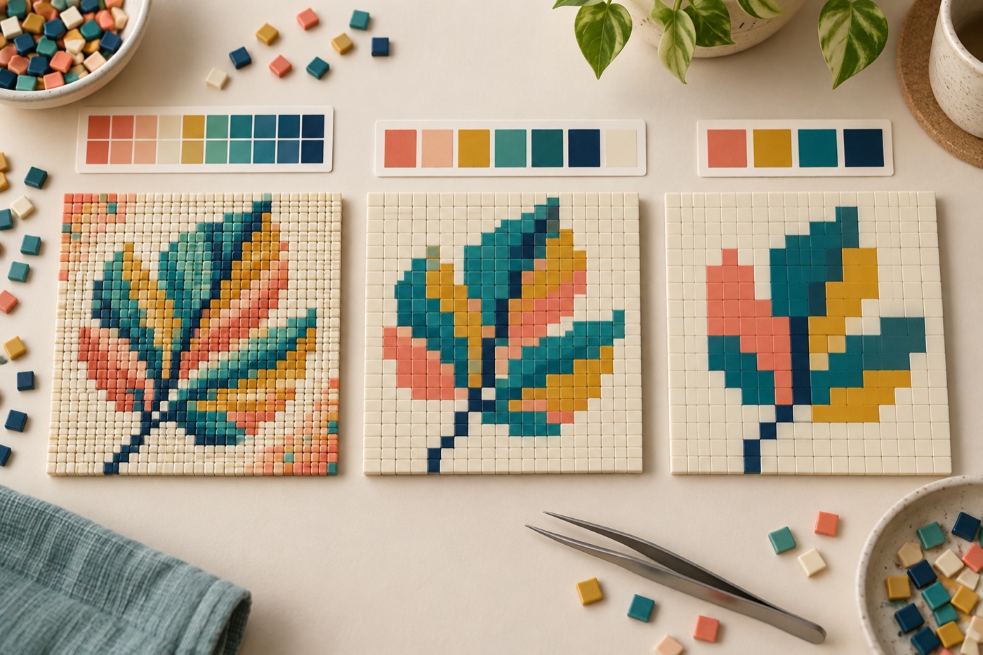 Hands arranging an original square-tile mountain mosaic