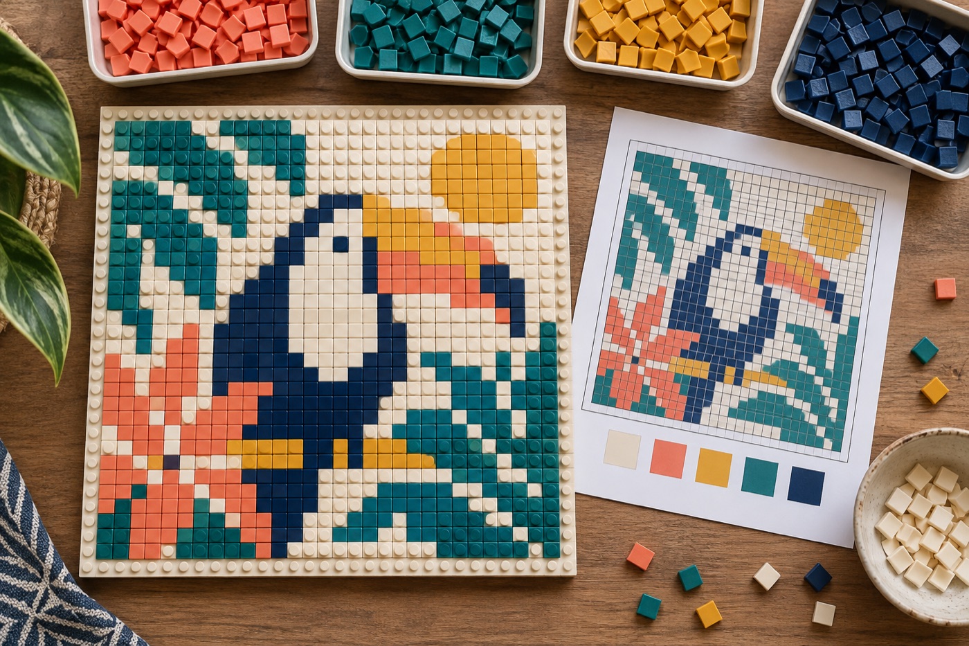 Hands arranging an original square-tile mountain mosaic