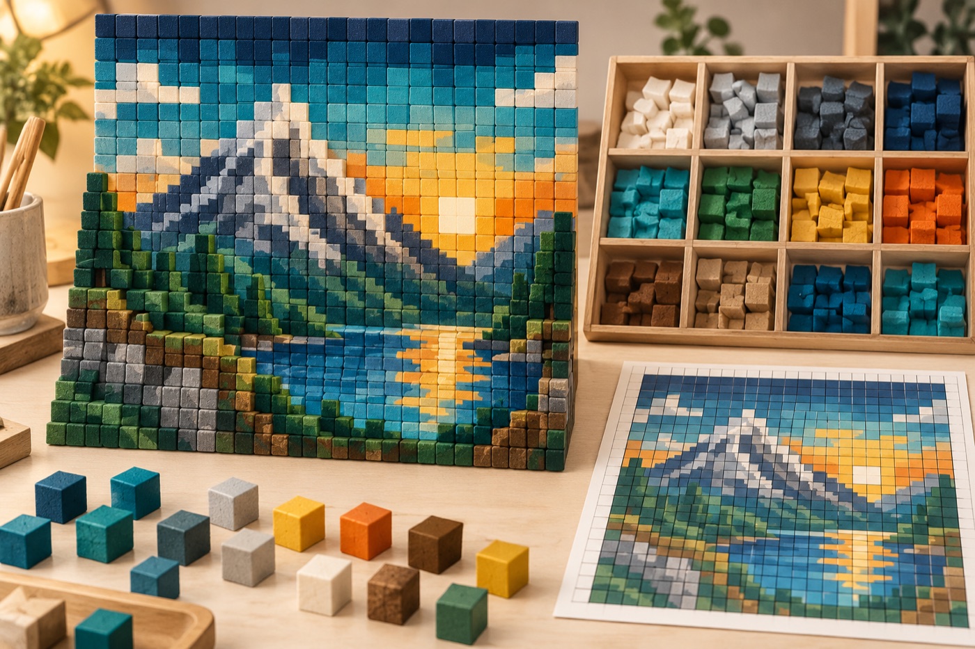 Hands arranging an original square-tile mountain mosaic