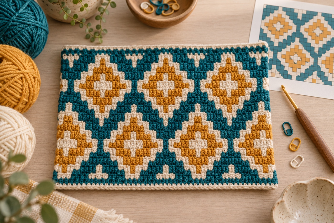 Hands crocheting an original geometric colorwork swatch from a grid