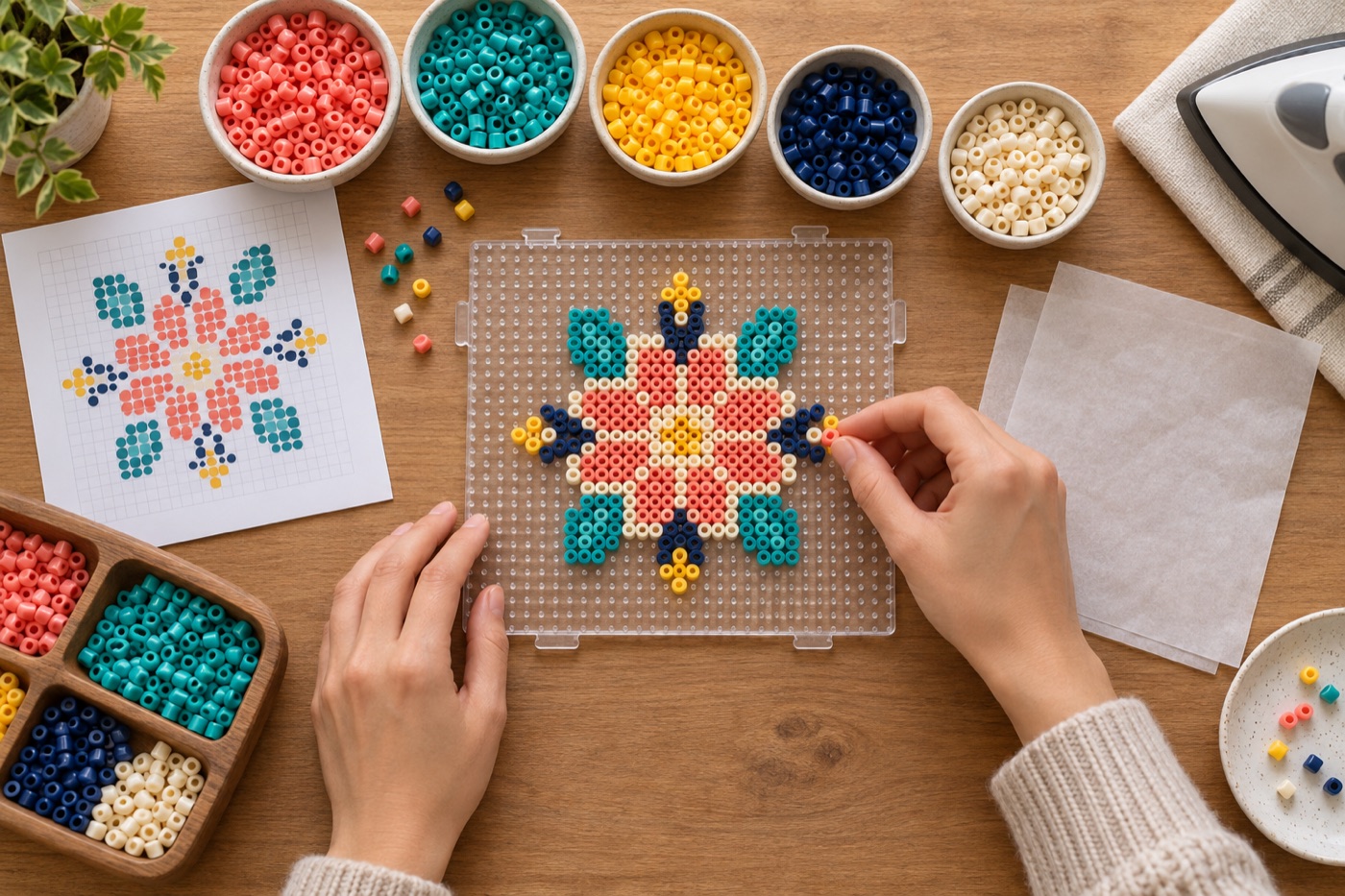 Colorful beads sorted beside a pattern in progress