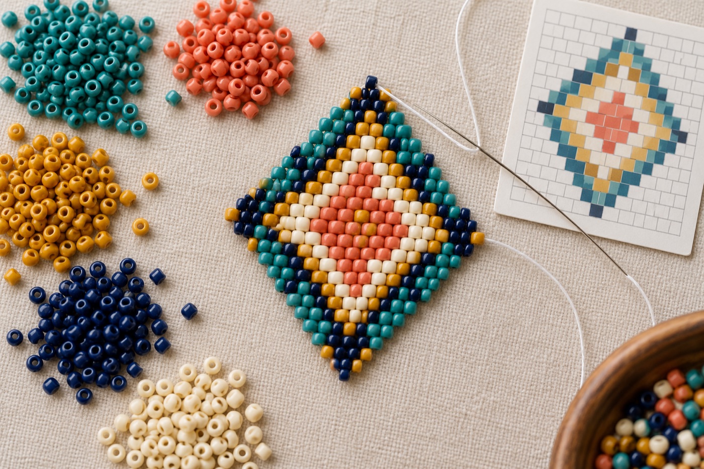 Hands weaving an original geometric seed bead pattern on a wooden loom