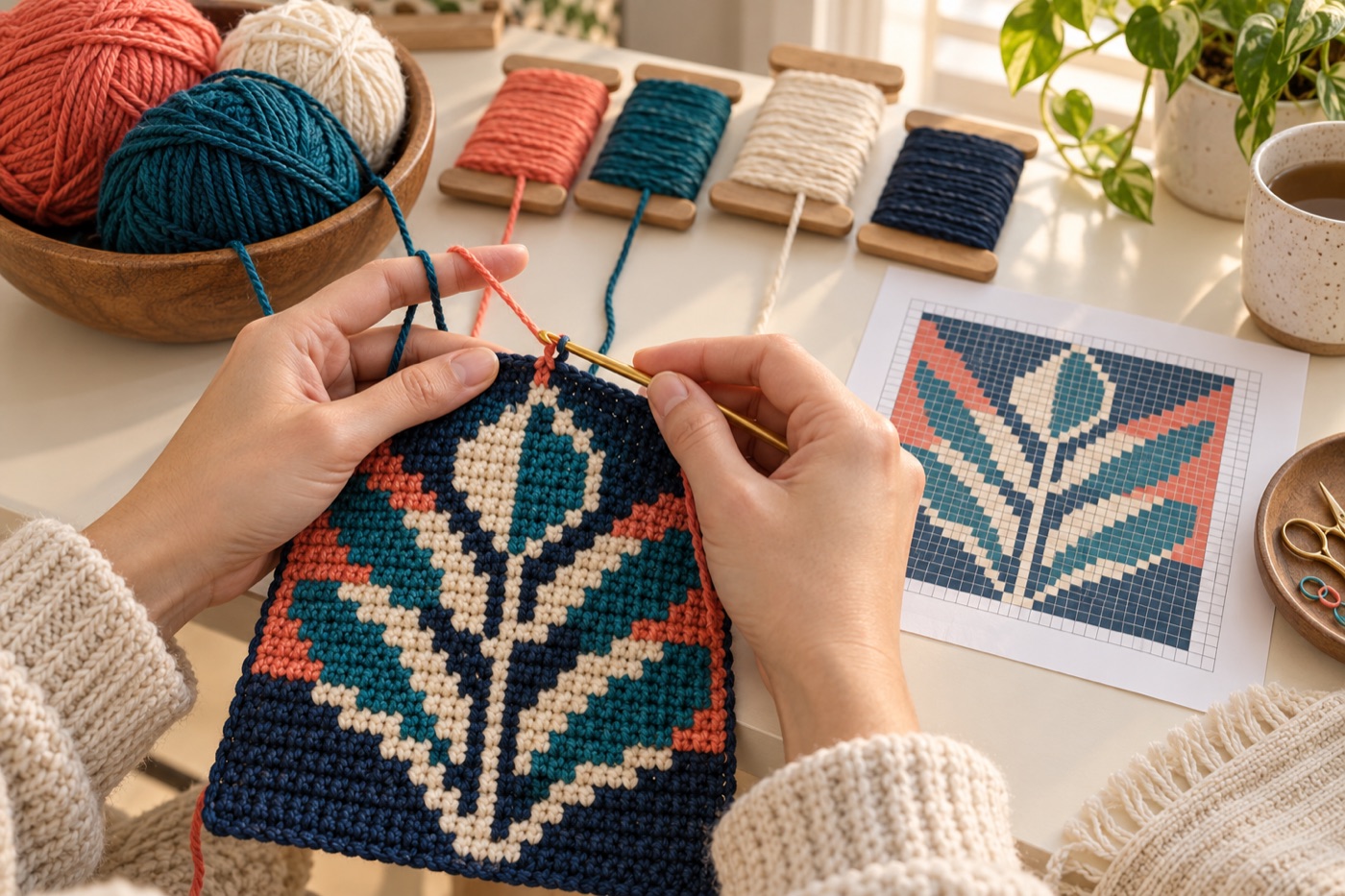 Hands crocheting an original geometric colorwork swatch from a grid