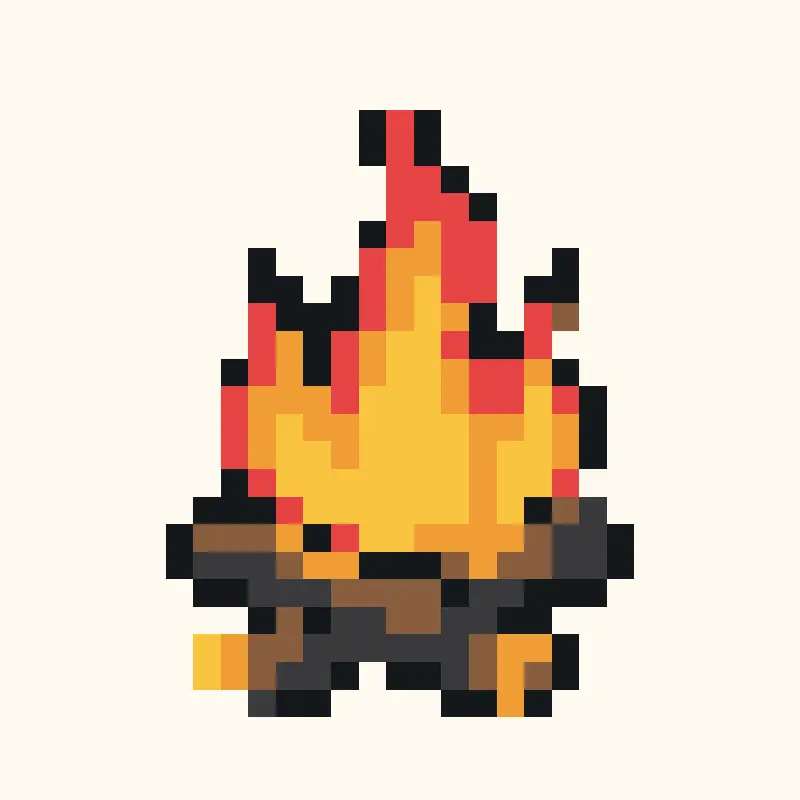 Pixel-Lagerfeuer mit gelben Flammen und zwei gekreuzten braunen Holzscheiten