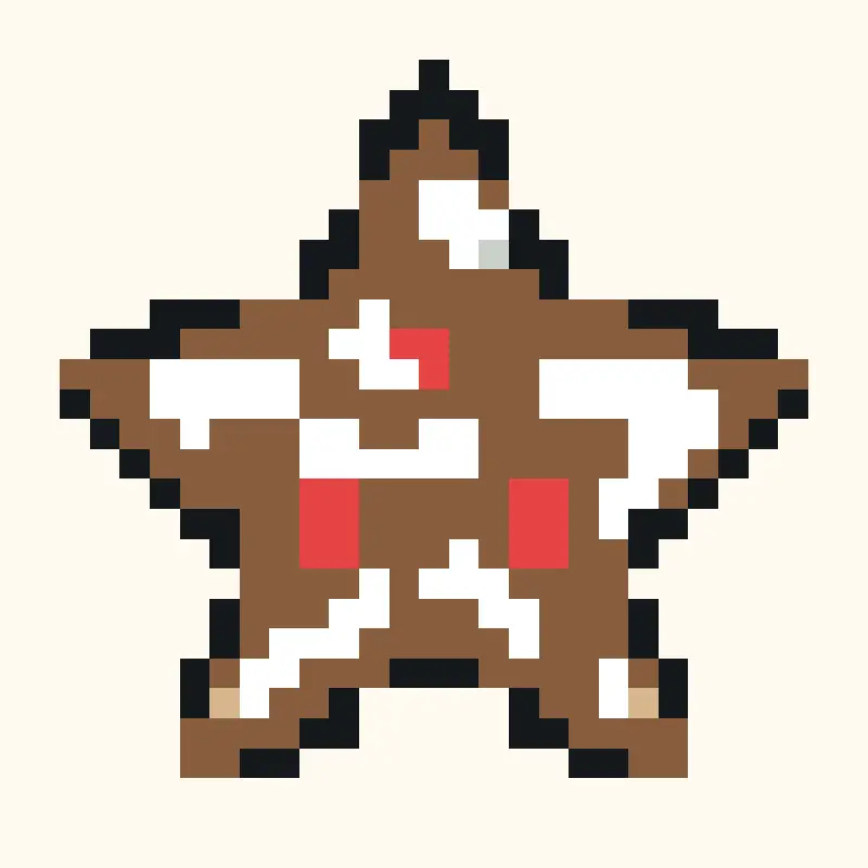 Brauner Lebkuchenstern mit weißem Zuckerguss und roten Zuckerperlen als Pixelraster