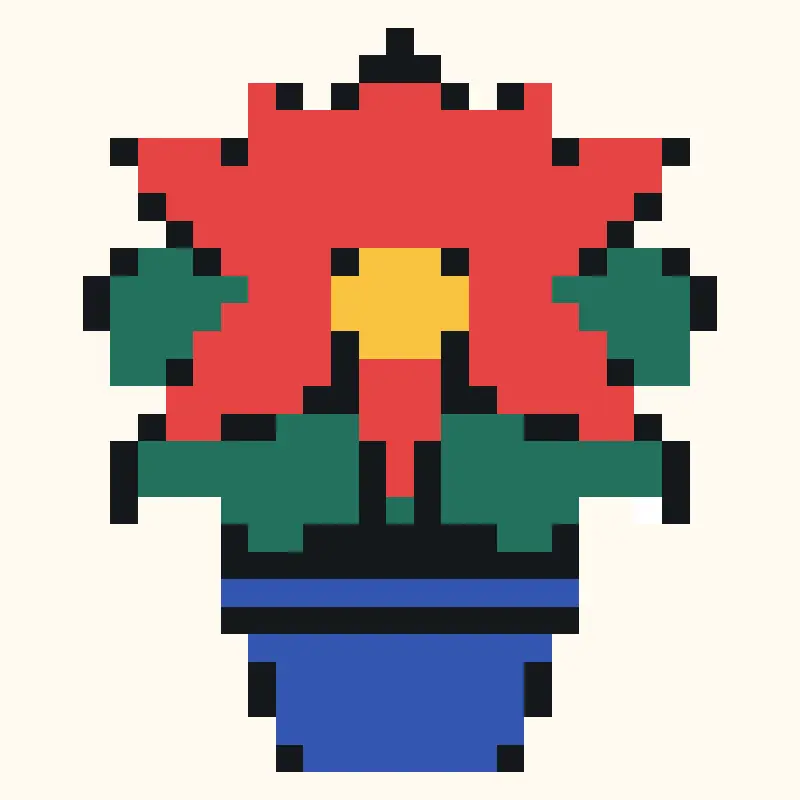 Flor de Pascua roja con centro dorado y hojas verdes en una maceta azul, en una cuadrícula de 29×29